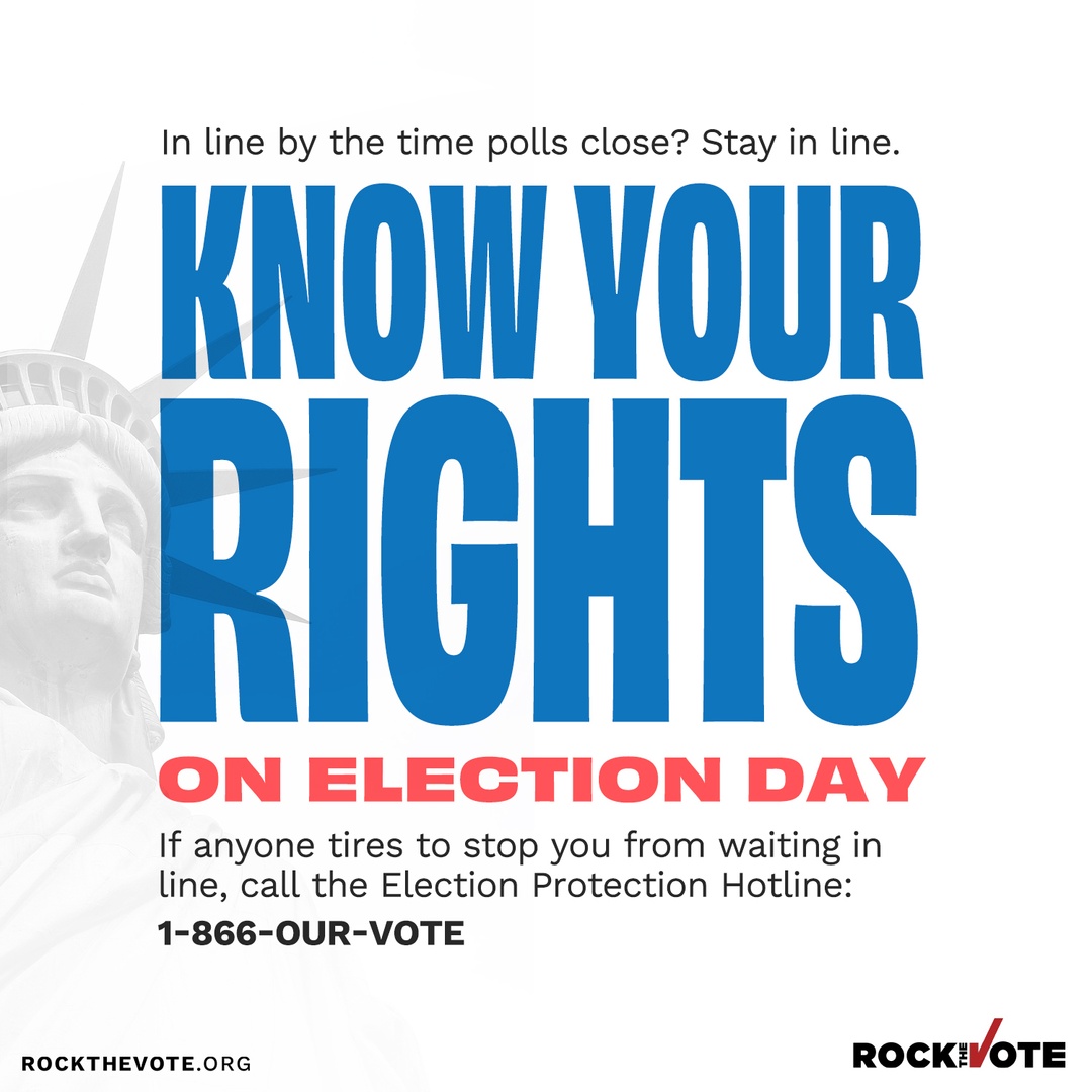 RockTheVote's tweet photo. We’re here to help you protect your vote this Election Day! 🗳️ Did you know that if you’re in line before the polls close, you have the legal right to cast your ballot, even if the official closing time has passed? 

Know all your rights as a voter: https://t.co/Vkaqjgcisr https://t.co/mL6TVIZCCQ