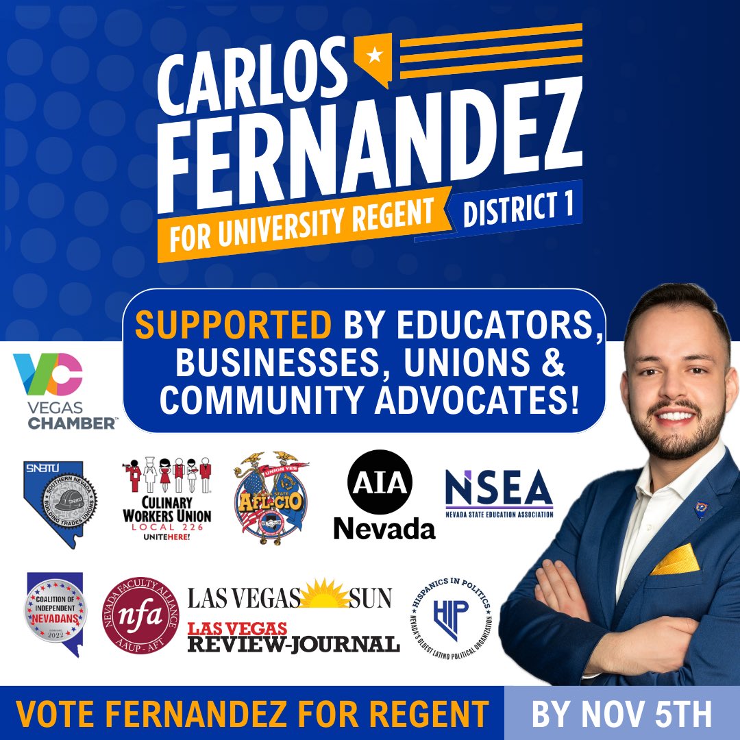 🗳️ Election Day! 🗳️

Vote for a stronger future in higher ed! If you’re in District 1 (Downtown &amp; North Las Vegas), I’d be honored to have your vote for University Regent. Polls open until 7 PM. Find your location at iwillvote.com/nv.

#Fernandez4Regent #ElectionDay #Vote