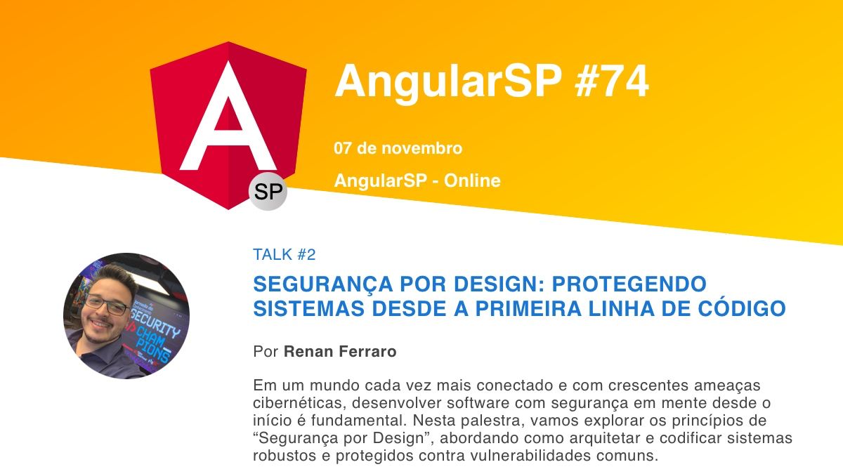 AngularSP's tweet image. Pra fechar com chave de ouro, teremos a talk do Renan Ferraro para falar sobre Segurança por Design 🤯
Sério, tá imperdível!!! 🤩
Então já coloca o lembrete, porque dia 07/11 as 19h temos um encontro marcado no nosso canal do Youtube: youtube.com/watch?v=gyfU9j…
Boraaa🔥