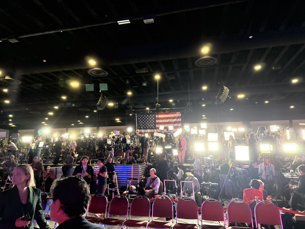 RobManess's tweet photo. The stage for @realdonaldtrump and the fake news media right across. Fish in a barrel for 47! ๐ https://t.co/QkNrvq3CIc