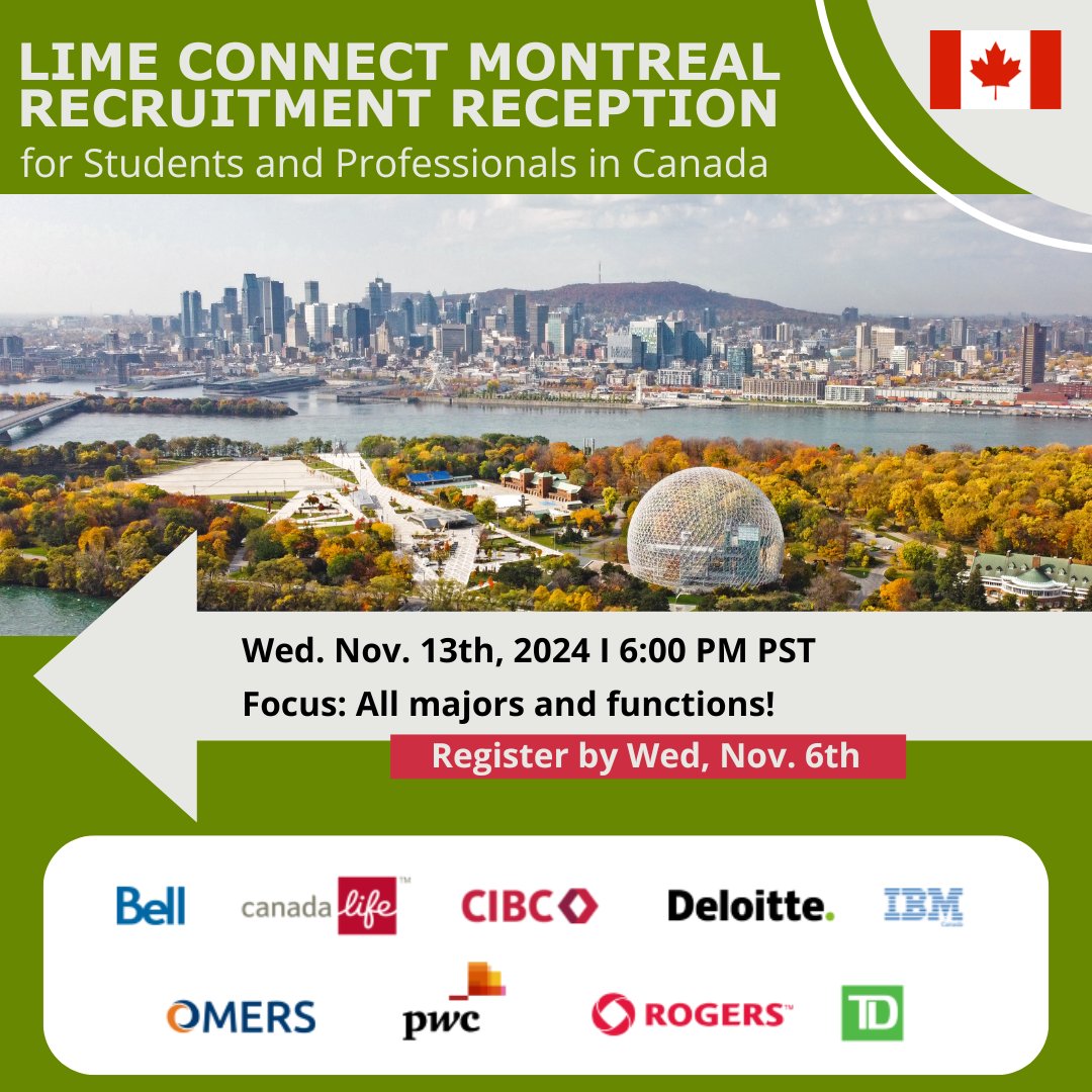 Applications are still OPEN for our Recruitment Reception on 11/13/24, in Montreal, Canada!  Designed for students of all majors and experienced professionals on all levels! 

APPLY BY November 6th!

Join or Sign into our Lime network
limeconnect.com/events/montrea…