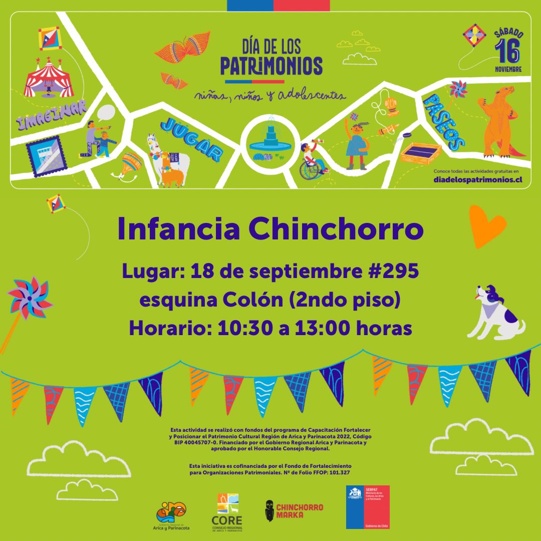 ChinchorroMarka's tweet photo. 🗓️ #Actividad - ¡#Arica! Participa junto a #ChinchorroMarka este sábado 16 de noviembre en el #DiaDeLosPatrimonios de Niñas, Niños y Adelescentes ✨ https://t.co/nyD6oFfBGL
