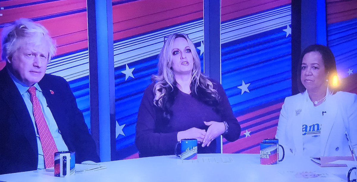 ThoughtsOfEm1's tweet photo. Most insane election coverage photo I've seen today. Boris Johnson and Stormy Daniels on #c4 #uselection #restispolitics #AmericaDecides https://t.co/0ocYRqAGIc