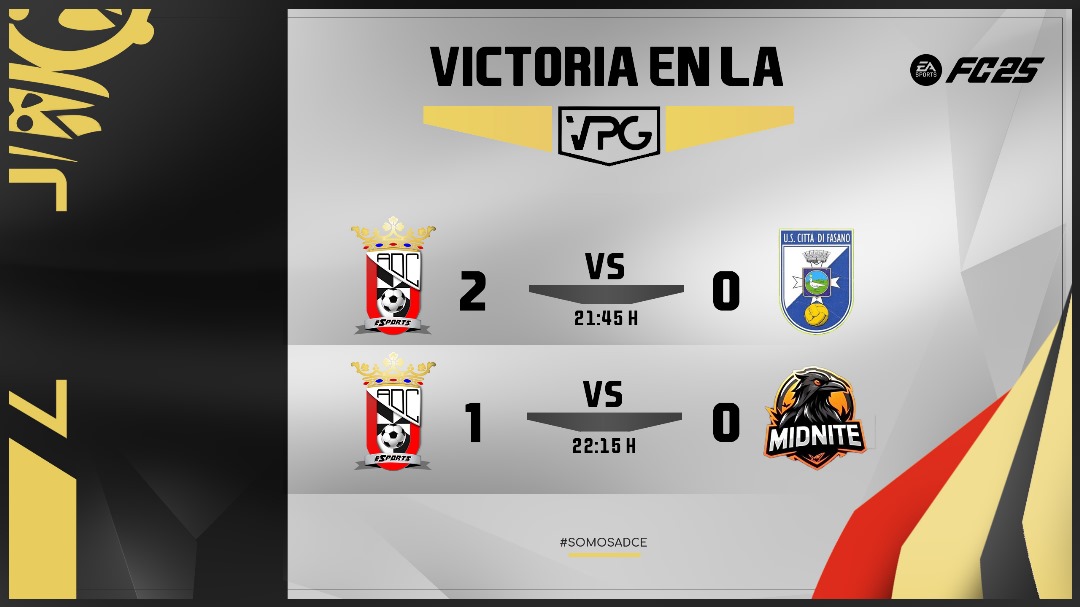 ADCeuta Esports (@adceutaesports) on Twitter photo #Resultados 05/11/2024
🏆 <a href="/VPGPremier/">VPG Esports Premier</a>
🏟️ <a href="/ADCeutaEsports/">ADCeuta Esports</a> 🆚 @FasanoeUs
✅2-0
🏆 <a href="/VPGPremier/">VPG Esports Premier</a>
🏟️ <a href="/ADCeutaEsports/">ADCeuta Esports</a> 🆚 <a href="/MidniteProClub/">Midnite</a>
✅ 1-0
😍 Pleno muy importante en <a href="/VPGPremier/">VPG Esports Premier</a> 💪
🤝 Gg @FasanoeUs and <a href="/MidniteProClub/">Midnite</a>
#SomosADCE ⚪⚫
<a href="/ADCeuta_FC/">AD CEUTA FC</a> ⚪⚫ #Resultados 05/11/2024
🏆 <a href="/VPGPremier/">VPG Esports Premier</a>
🏟️ <a href="/ADCeutaEsports/">ADCeuta Esports</a> 🆚 @FasanoeUs
✅2-0
🏆 <a href="/VPGPremier/">VPG Esports Premier</a>
🏟️ <a href="/ADCeutaEsports/">ADCeuta Esports</a> 🆚 <a href="/MidniteProClub/">Midnite</a>
✅ 1-0
😍 Pleno muy importante en <a href="/VPGPremier/">VPG Esports Premier</a> 💪
🤝 Gg @FasanoeUs and <a href="/MidniteProClub/">Midnite</a>
#SomosADCE ⚪⚫
<a href="/ADCeuta_FC/">AD CEUTA FC</a> ⚪⚫