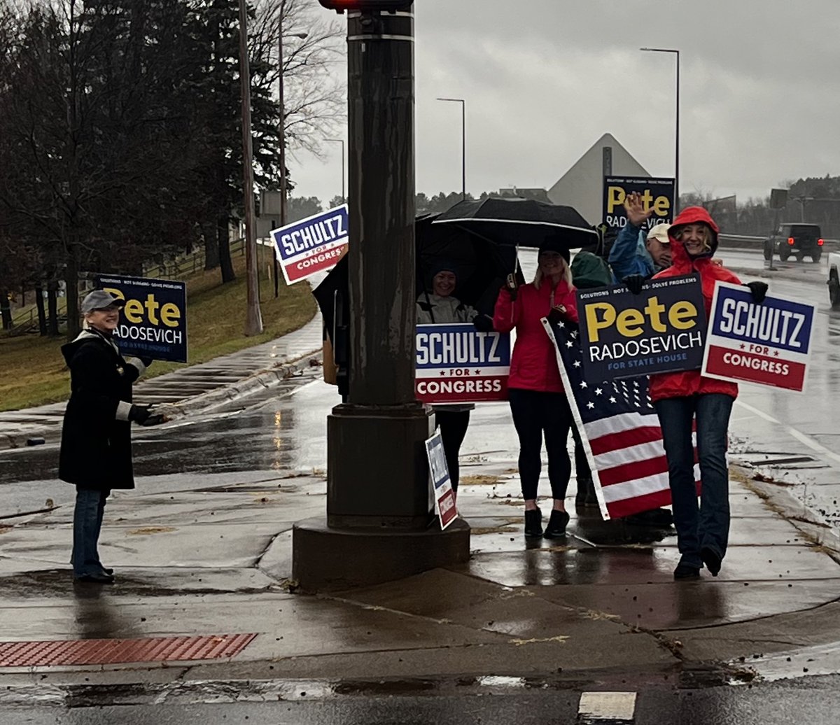 RepJenSchultz's tweet photo. Polls open until 8pm. A little rain didn’t stop us from waving signs for @RadosevichPete in Cloquet so don’t let it stop you from voting! 
#MN08 https://t.co/nmZA9gU4uS