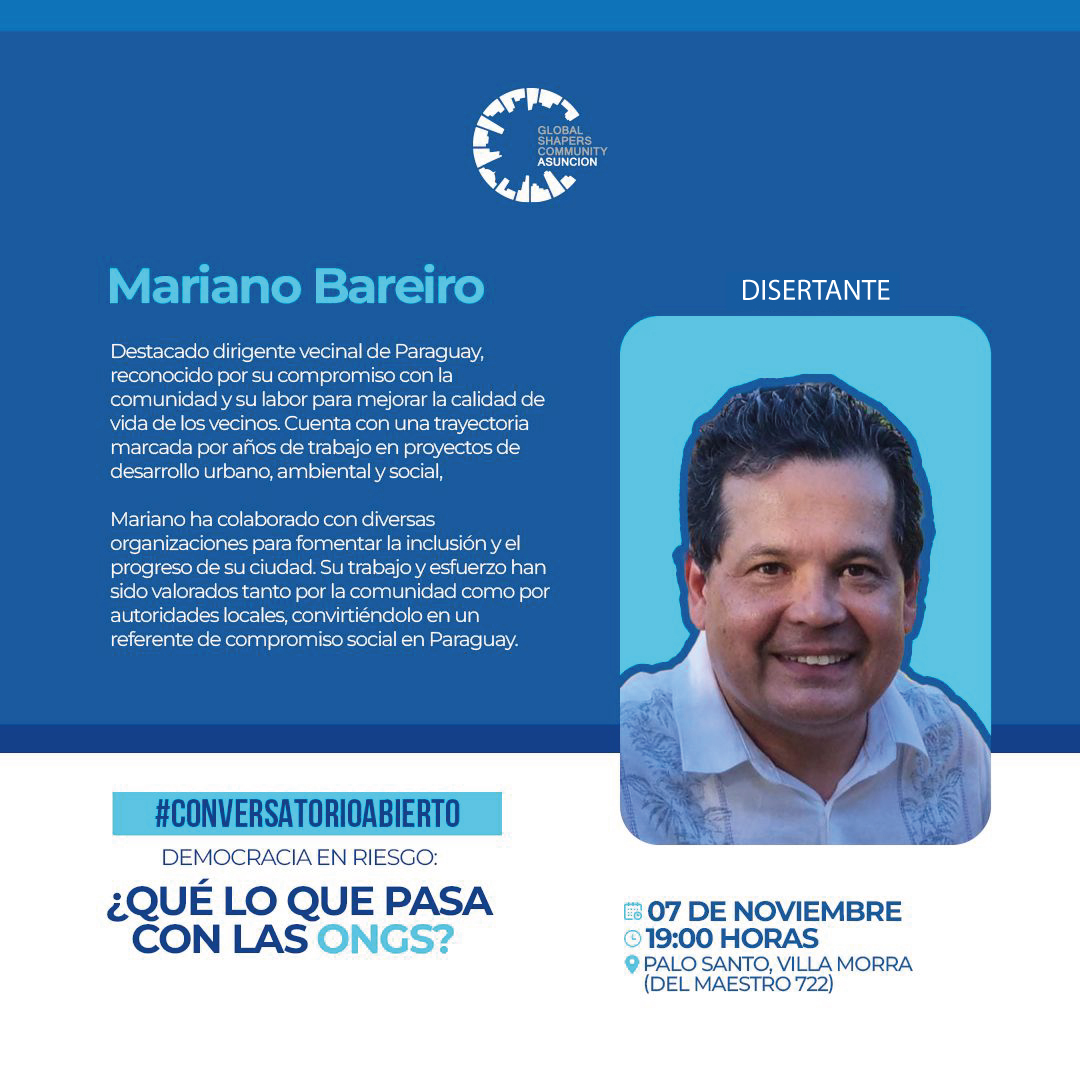 📢 Conversatorio abierto | Te presentamos a nuestro speakers de la noche 🗣️💬

Conoce más sobre Mariano Bareiro ➡️➡️

🗓 7 de octubre a las 19:00 horas.
📍Palo Santo Villa Morra (del maestro 722)

Regístrate aquí para participar 👇🏻👇🏻

🔗 bit.ly/ConservatorioA…