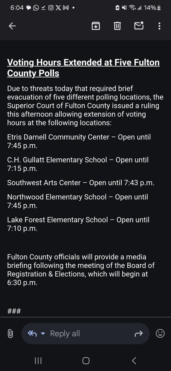 NEW: Fulton County will keep five polling places open late "due to evacuation necessitated by a bomb threat."