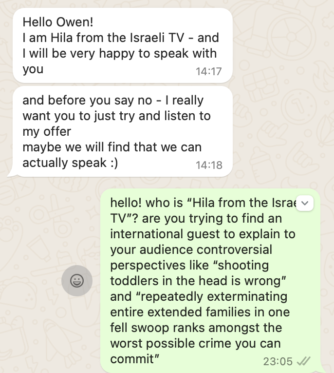 owenjonesjourno's tweet photo. Israeli TV keeps trying to book me.

So here's what I had to say to them. https://t.co/NBsrc0Z57J