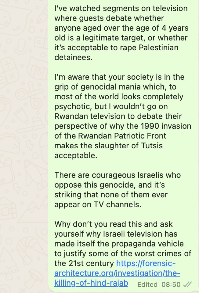 owenjonesjourno's tweet photo. Israeli TV keeps trying to book me.

So here's what I had to say to them. https://t.co/NBsrc0Z57J