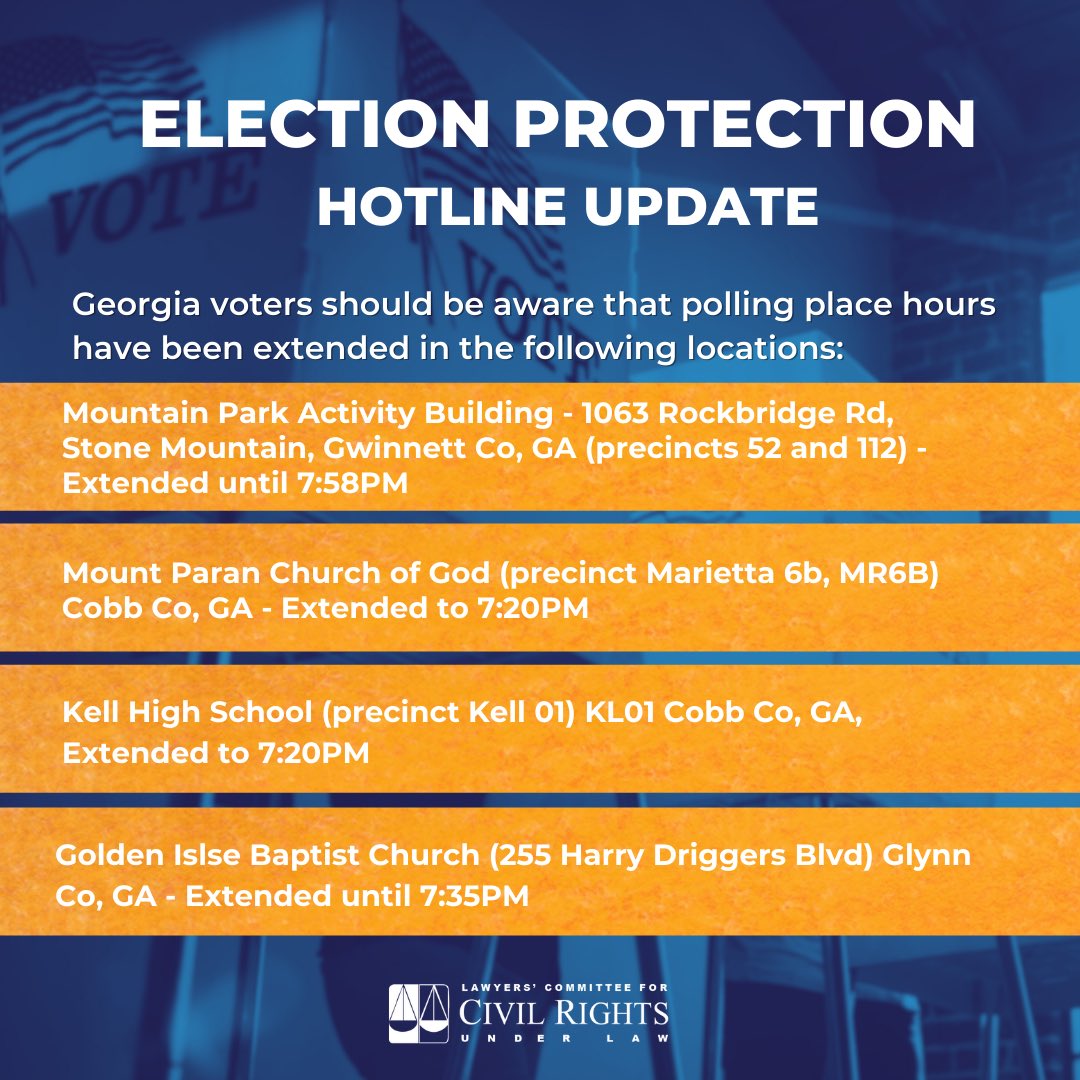 GEORGIA VOTERS! Polling place hours have been extended in the following locations. Call or text 866-OUR-VOTE for any questions or concerns you may have about voting!