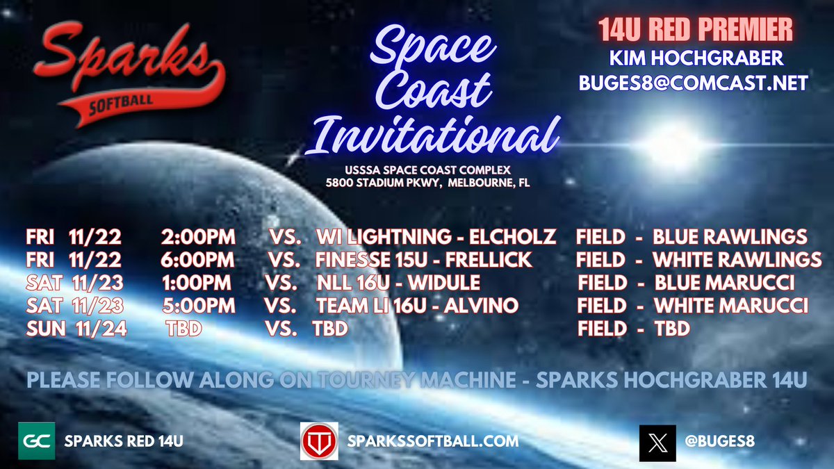 Kim Hochgraber - 14u Sparks Red (@buges8) on Twitter photo Last tournament of the Fall for Sparks Premier 14u Red. You don't want to miss this group play. See you in Melbourne, FL Nov 22nd - 24th. See you there!
<a href="/SparksPremier18/">Coach Abbie Madison</a> <a href="/chicago_mt/">Sparks Gold 18u Treccani</a> <a href="/Sparks16uRed/">sparks 16u red</a> <a href="/Sparks16uJP/">Sparks16u JP</a> <a href="/SparksPremier/">Jill Harvey - Sparks Premier</a> <a href="/tagupSoftball/">tagup</a> <a href="/usssaspacecoast/">USSSA Space Coast</a> Last tournament of the Fall for Sparks Premier 14u Red. You don't want to miss this group play. See you in Melbourne, FL Nov 22nd - 24th. See you there!
<a href="/SparksPremier18/">Coach Abbie Madison</a> <a href="/chicago_mt/">Sparks Gold 18u Treccani</a> <a href="/Sparks16uRed/">sparks 16u red</a> <a href="/Sparks16uJP/">Sparks16u JP</a> <a href="/SparksPremier/">Jill Harvey - Sparks Premier</a> <a href="/tagupSoftball/">tagup</a> <a href="/usssaspacecoast/">USSSA Space Coast</a>