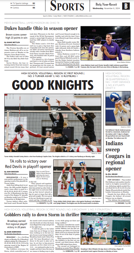 VTCody's tweet photo. Daily News-Record Sports (11/6/24):
-Plenty of #VHSL postseason coverage
-#JMU MBB, WBB win impressively
-#JMU women's soccer wins in PKs
-SU WBB eyes more success this year
-The latest #Fast30 entering regions
-Latest update from #JMU football
-Sun Belt Conference notebook https://t.co/56xPQwEPnF