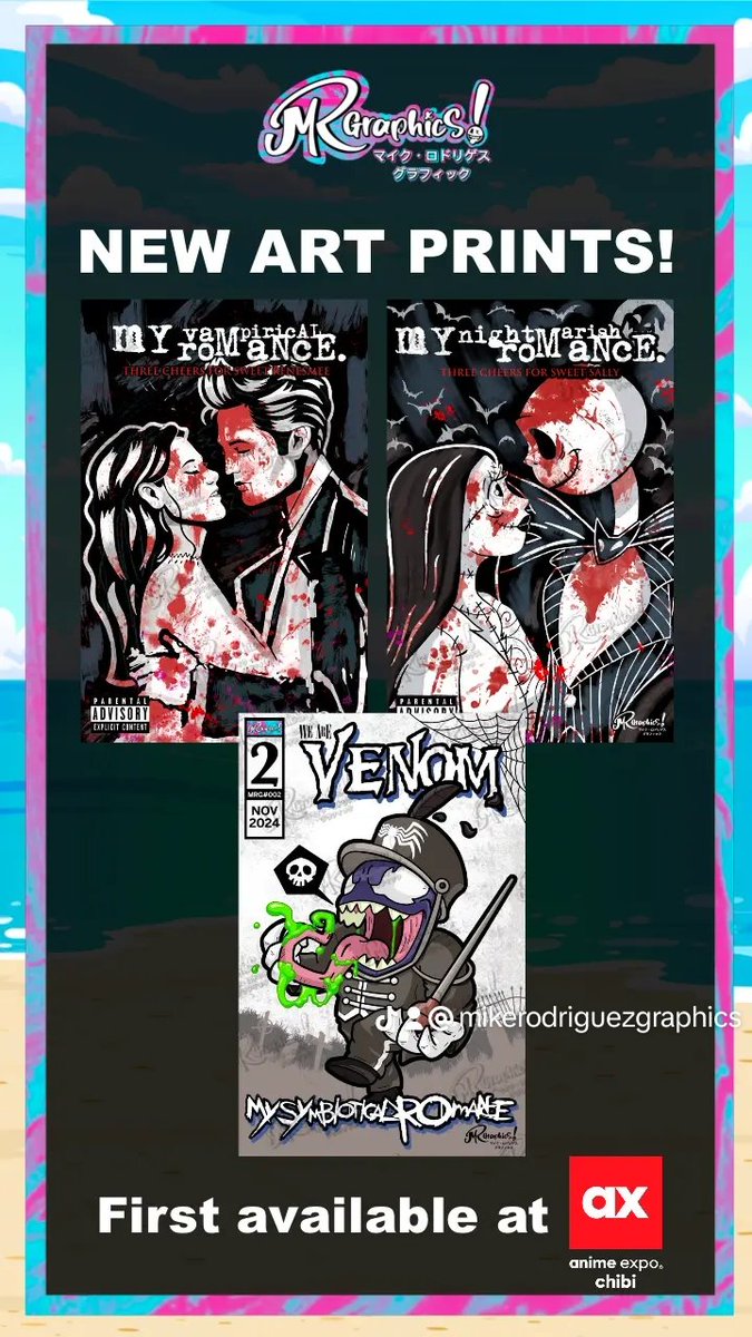 MRodGraphics's tweet photo. New 11 x 17 inch Art Print Designs will be available this weekend Anime Expo Chibi at Artist Alley Table X7 😄.
#mikerodriguezgraphics #mrgraphics #animeexpo #animeexpochibi #ax #axchibi #Anime #stickers #stickers #mychemicalromance #mcr #venom #jackandsally #twilight https://t.co/yl6wg8c3Gr