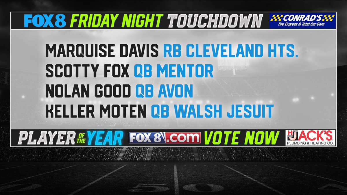 FridayNightTouchdown (@fox8fntd) on Twitter photo Season #28 of #FOX8 'Friday Night Touchdown' is coming to a close.
Here are the Four Finalists for the .<a href="/fox8news/">fox8news</a>
H-Jack's Plumbing & Heating 2024 PLAYER of the YEAR:
- <a href="/rlyquise/">Marquise Davis</a>
Marquise Davis, RB Cle. Hts.
- <a href="/ScottyFox18/">Scotty Fox Jr.</a>
Scotty Fox, QB Mentor
- <a href="/Nolan_Good5/">Nolan Good</a>
Nolan Good, Season #28 of #FOX8 'Friday Night Touchdown' is coming to a close.
Here are the Four Finalists for the .<a href="/fox8news/">fox8news</a>
H-Jack's Plumbing & Heating 2024 PLAYER of the YEAR:
- <a href="/rlyquise/">Marquise Davis</a>
Marquise Davis, RB Cle. Hts.
- <a href="/ScottyFox18/">Scotty Fox Jr.</a>
Scotty Fox, QB Mentor
- <a href="/Nolan_Good5/">Nolan Good</a>
Nolan Good,