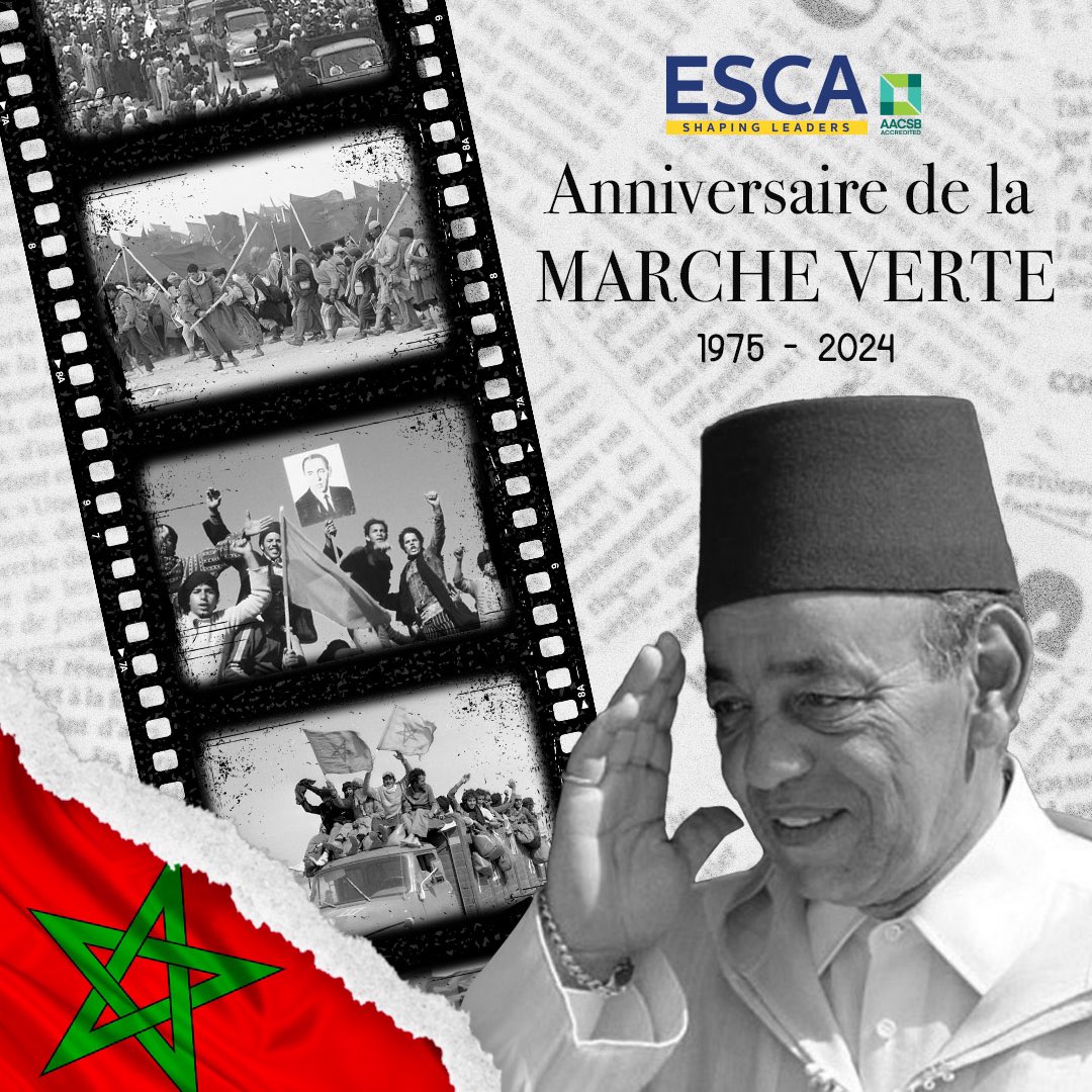 ESCA Ecole de Management célèbre avec fierté le 49ème anniversaire de la Glorieuse Marche Verte.
Un moment historique qui symbolise notre unité et notre détermination en tant que nation.
Joyeux anniversaire à tous !

#ESCA #ShapingLeader #GlorieuseMarcheVerte #49AnsDeFierté