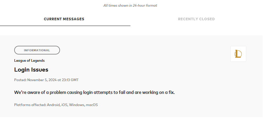 Mortigani's tweet photo. @regularjudas @RiotSupport Gotta select League of Legends on the service status page. Apparently the initial landing page is for anything affecting all games/services. https://t.co/2BJ2gh7Dg1