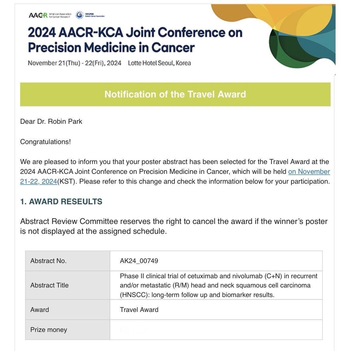Robin Park, MD (@rprobinpark) on Twitter photo ✨Thrilled to be attending AACR-KCA 2024 in Seoul to present the long-term FU & biomarker results from our cetux/nivo trial in R/M HNSCC ✨ <a href="/MoffittResearch/">Moffitt Research</a> <a href="/MoffittNews/">Moffitt Cancer Center</a> 🔥Beyond grateful for the travel grant award <a href="/AACR/">AACR</a> 🙏 ✨Thrilled to be attending AACR-KCA 2024 in Seoul to present the long-term FU & biomarker results from our cetux/nivo trial in R/M HNSCC ✨ <a href="/MoffittResearch/">Moffitt Research</a> <a href="/MoffittNews/">Moffitt Cancer Center</a> 🔥Beyond grateful for the travel grant award <a href="/AACR/">AACR</a> 🙏