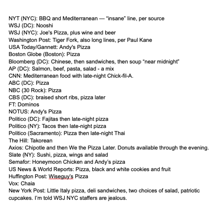 Without further ado, here is Version 1 of Election night NEWSROOM DINNERS. As you can see, I've let a lot of my broadcast sources wither. If you are with ABC, NBC (DC) or Fox, I would like to know what you're eating. DMs are open.

Further updates possible