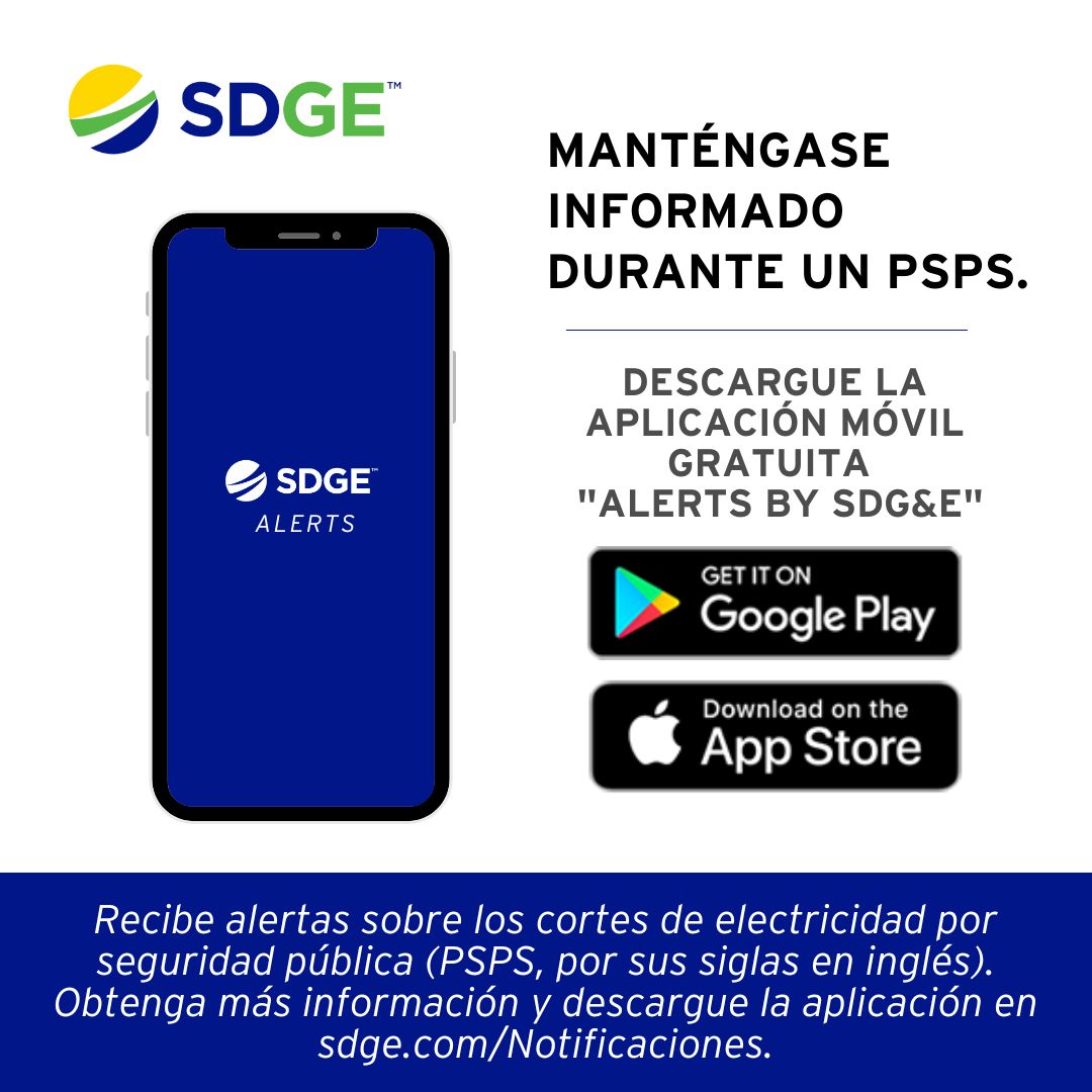 SDGE's tweet photo. Se pronostican fuertes vientos creando condiciones elevadas de riesgo de incendios. SDG&amp;E ha notificado a 24,700 clientes que podrían ser afectados por cortes de energía por seguridad pública para reducir el riesgo de incendios. Más información en https://t.co/ttkBELaOaM. https://t.co/8nsCjRmGxZ