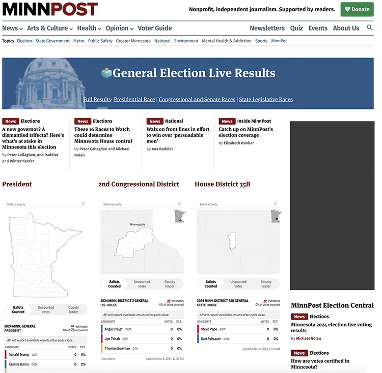 The <a href="/MinnPost/">MinnPost</a> home page has been transformed into your one-stop election shop, with live results: minnpost.com