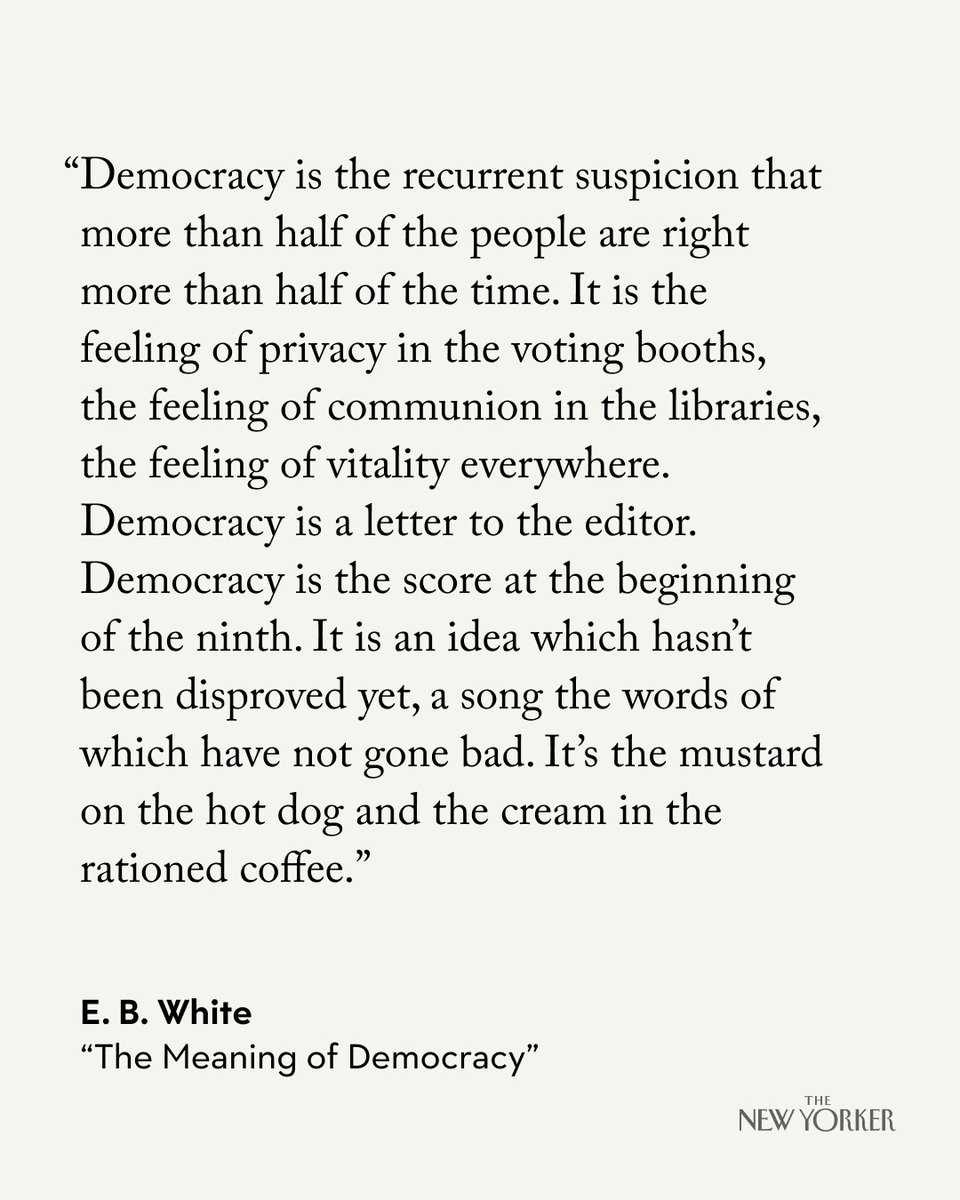 In 1943, the editors of The New Yorker received a letter asking for a statement on "The Meaning of Democracy." "It presumably is our duty to comply with such a request, and it is certainly our pleasure," E. B. White wrote in response. #NewYorkerArchive
newyorkermag.visitlink.me/DC38dG
