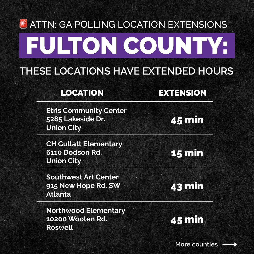 ATTN GA VOTERS: if you live in Fulton, Gwinnett, Glynn, or Cobb Counties, some polling locations have extended their hours. See below ⬇️

🚨FULTON COUNTY POLLING PLACE EXTENSIONS🚨