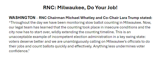 AJBayatpour's tweet photo. A statement from the RNC blasts "slow ballot counting" in Milwaukee on top of the problem with seals being broken on tabulators, leading to the recount happening now.

WI Senate Republicans are the only reason Milwaukee didn't start processing its absentee ballots yesterday. https://t.co/T8lcDXREvN