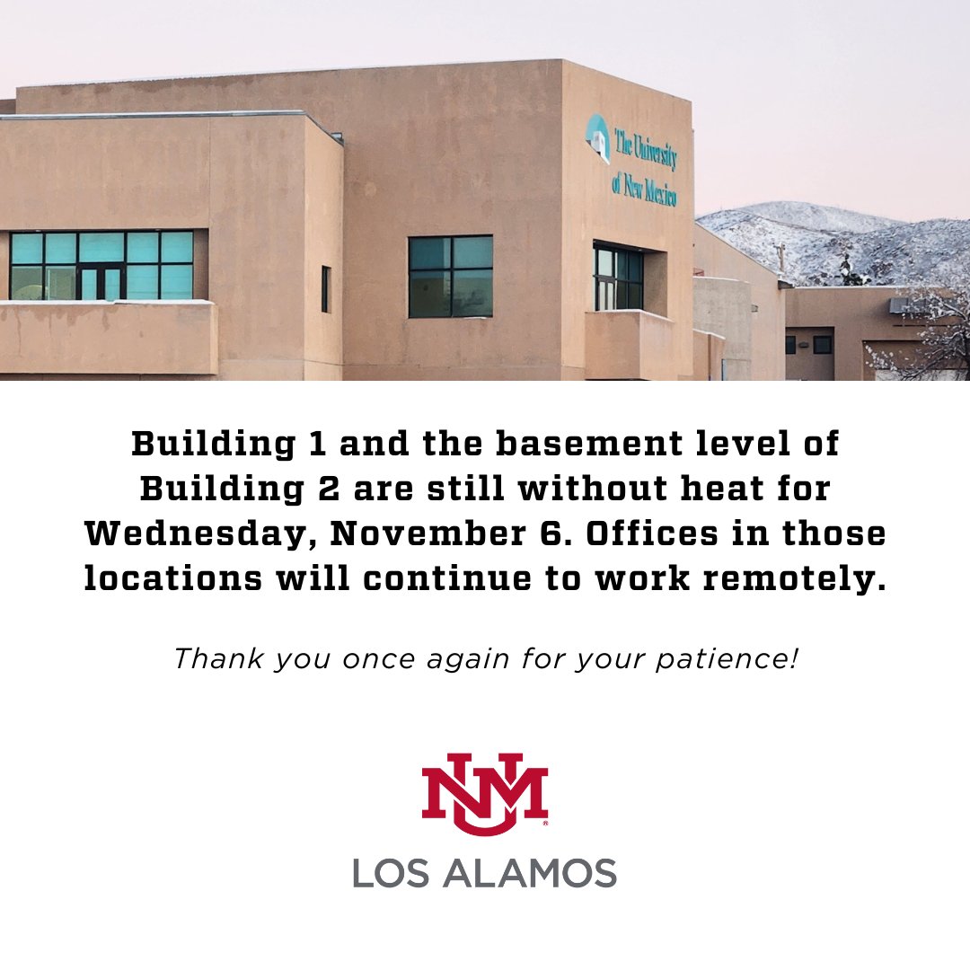 Building 1 &amp; the basement level of Building 2 are still without heat. All offices in those areas will continue to work remotely for Wed., Nov. 6.
This only affects the basement of Building 2—the upper level (Student Center, Secret City Kitchen, etc.) will be accessible.