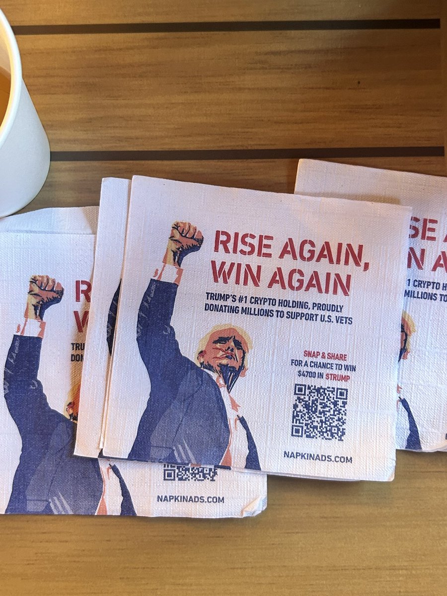 Scatteredtx's tweet image. I just got napkins with MAGA meme coin ads with my food, right on election day. Loving Trump and wanting him to win, I decided to buy some of these coins for good luck. Praying it pays off and Trump wins. LETS GO!!!  #VotedforTrump #VoteTrump #magamemecoin #MAGA2024