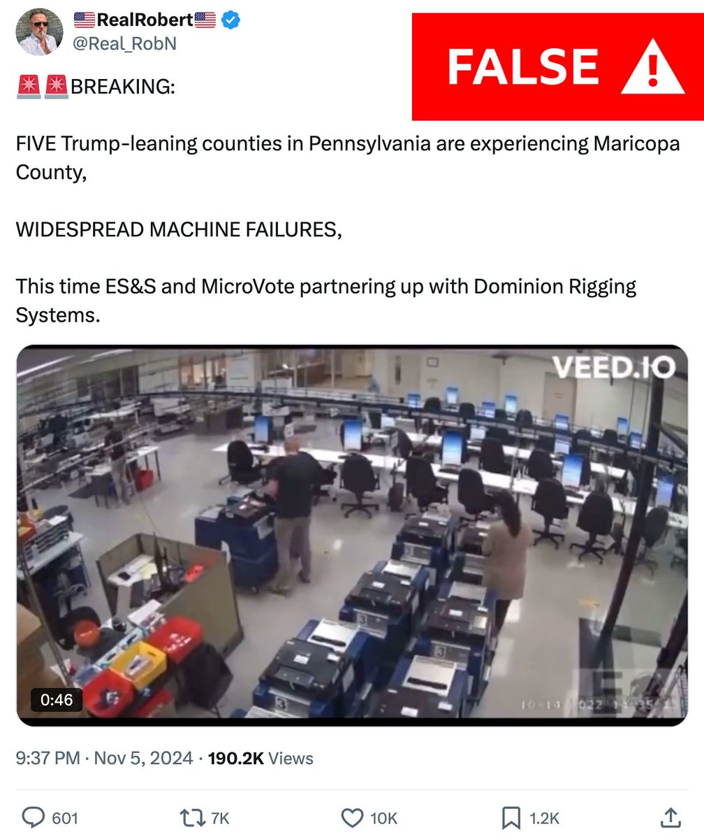 This video is being widely shared as evidence of fraud in Pennsylvania.

As the timestamp shows, the video is from the 2022 midterms. It was livestreamed by Maricopa County, Arizona, and shows election workers installing new memory cards - which happens in each election.