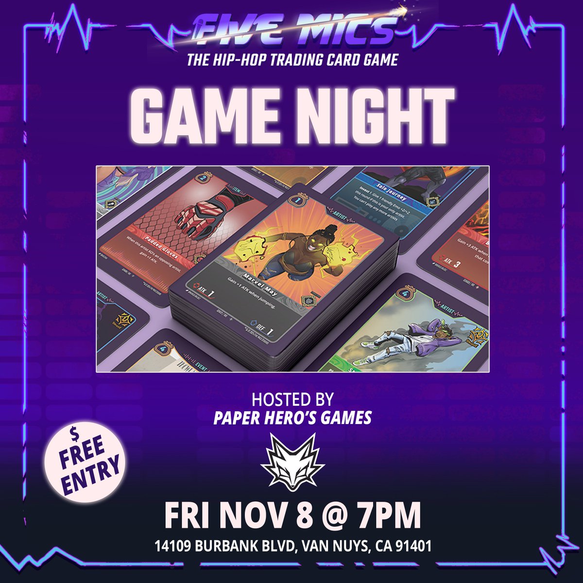 Ayo, our first official Five Mics Game Night was a SUCCESS so we havin another one this FRIDAY at Paper Hero's Games in their Van Nuys location! 

Come chill and learn how to play the game! 

#fivemics #fivemicstcg #tradingcardgame #liveevents #tcg #losangeles