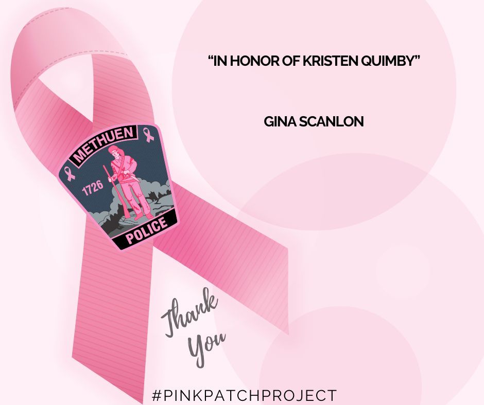 MethuenPolice's tweet image. Thank you to our own Officer Gina Scanlon for your donation.

“In Honor of Kristen Quimby” 

#thankyou #pinkpatch #pinkpatchproject
