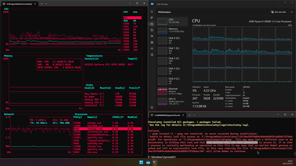 TheYopiSD's tweet photo. Installed chocolatey as package manager, simple stuff and easy. Finding and navigating through CLI is a blessing. Unfortunately there's no SUDO in shitdows, so instead you have to open so called Terminal as an admin. Also "bottom" is pretty cool: https://t.co/fbF734XJxF