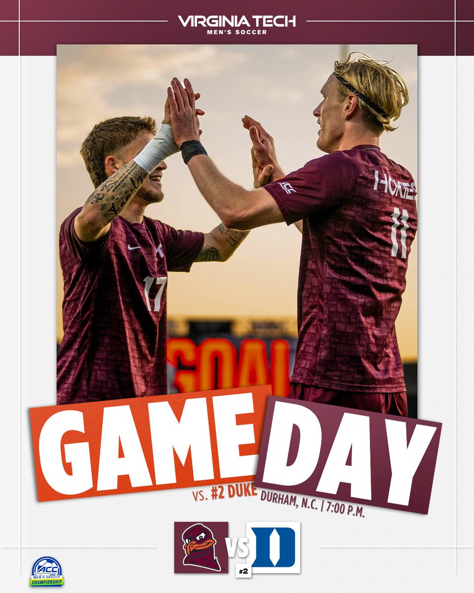 HokiesMSoccer's tweet photo. That time of the year.
🆚 » No. 2 Duke
⏰ » 7 p.m.
🏟️ » Durham, N.C.
💻 » https://t.co/tdyPeHoaa7
#ACCSoccer | #Hokies 🦃 https://t.co/hNU0eFkJ5u