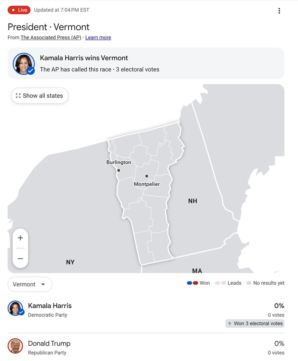 Everyone, come and see!
A miracle has occurred according to Google, and Kamala Harris has taken Vermont with 0 votes! 
...
How many other states are already being "called" one way or the other w/ zero votes cast? 🤣
#ElectionIntergrity