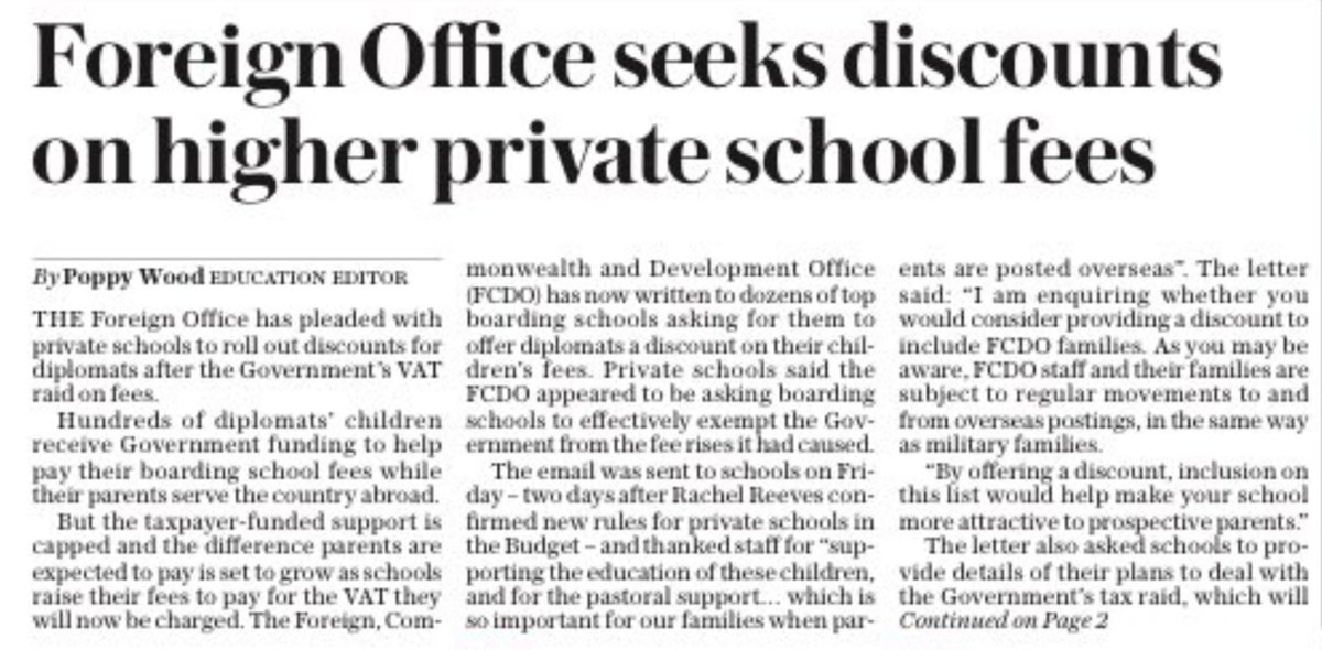 BREAKING - David Lammy’s Foreign Office among Government departments seeking discounts from independent schools for its diplomats after Labour’s VAT raid increases fees by 20%.