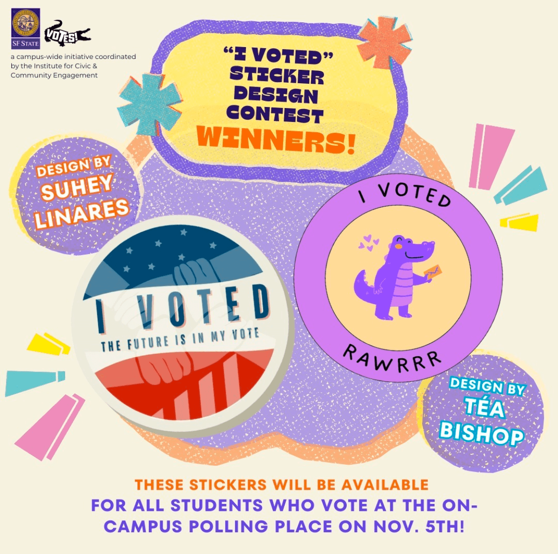 Congrats to students Suhey Linares and Téa Bishop for winning SFSU’s “I Voted” sticker design contest! via <a href="/calstate/">The CSU</a> bit.ly/4fAE34U