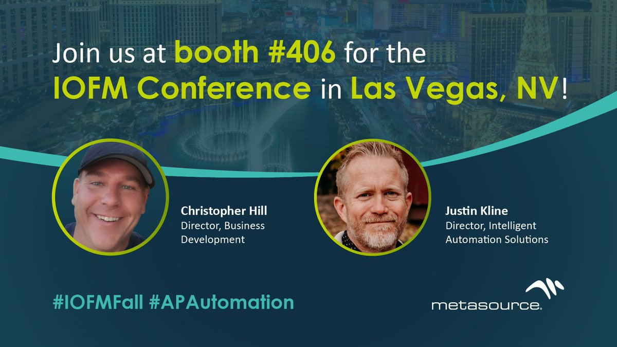 MetaSource's tweet image. 💼💡 Attending the IOFM&apos;s Fall Conference this week in Las Vegas? Stop by our booth to chat with our team about AP automation and how it can streamline invoice processing for your organization. We look forward to connecting with you in Vegas!

#IOFMFall2024 #apsolutions