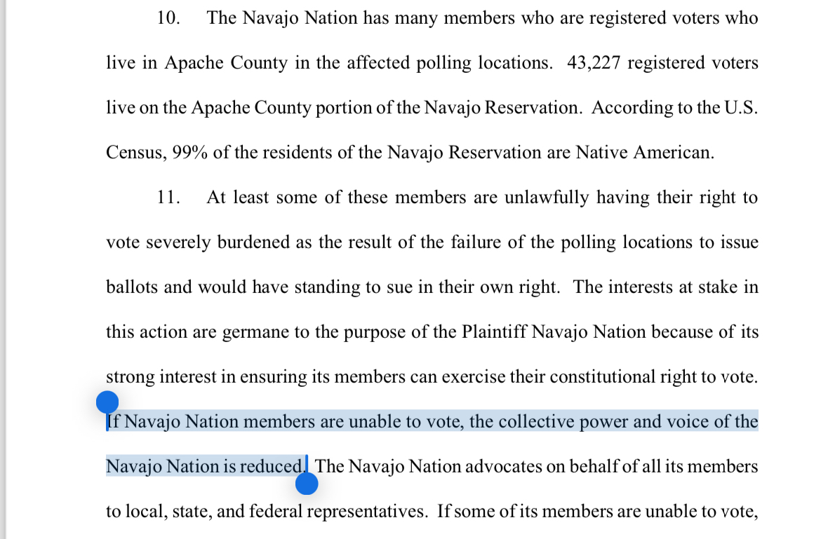 RLJnews's tweet image. UPDATE: The Navajo Nation has filed a lawsuit against Apache County, requesting an extension of voting hours. Polls close at 7

They're citing incidents like voters being denied rights to vote due to machine issues, lack of printed/provisional ballots, long lines, ID denials, etc