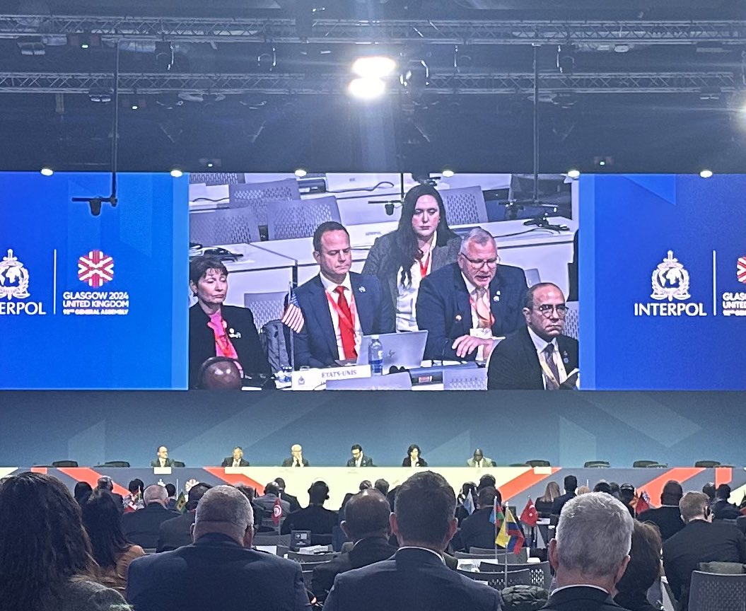 INTERPOL_USA's tweet image. Day 2 of the #INTERPOLGA: We held bilateral meetings with nearly a dozen countries, defended the governance of @INTERPOL_HQ to keep the org as strong as possible, &amp;amp; hosted a reception with 100+ delegates from across the world. #forasaferworld
