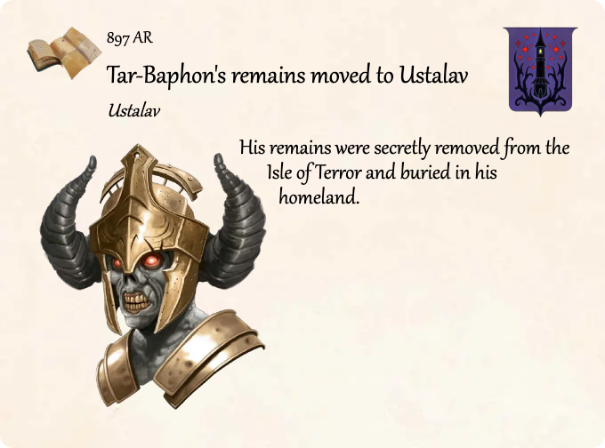GolarionToday's tweet photo. 897 AR: Tar-Baphon's remains moved to Ustalav
#Ustalav #IsleOfTerror #TarBaphon #897AR
https://t.co/t78nphWm3b
His remains were secretly removed from the Isle of Terror and buried in his homeland. https://t.co/MHb857evoJ