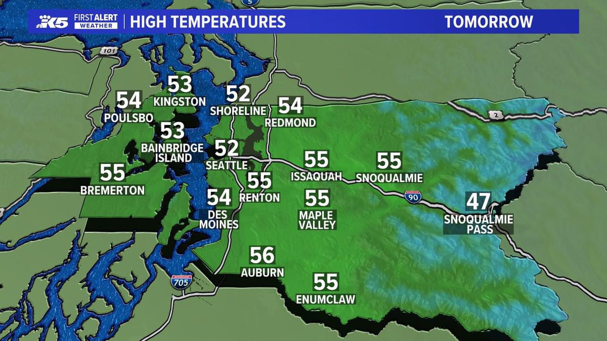 AClaibonWx's tweet photo. A little bit of clearing at the end of Tuesday as the last showers dissipate.  Chilly tonight and still cooler than normal Wednesday.  Sunshine will help to warm us up late week before temps dip again over the weekend #k5fall #k5weather #wawx https://t.co/JRUqLiJtiN
