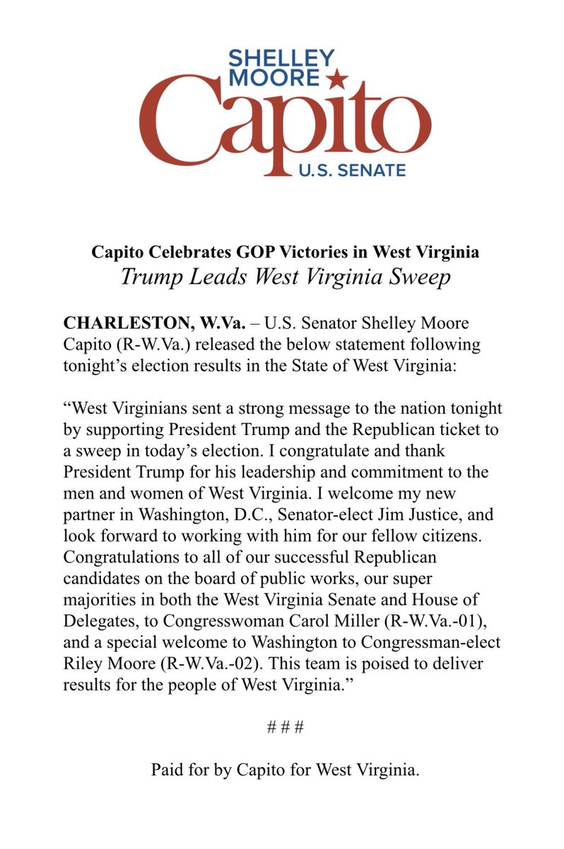 Big wins in West Virginia tonight. My full statement below.