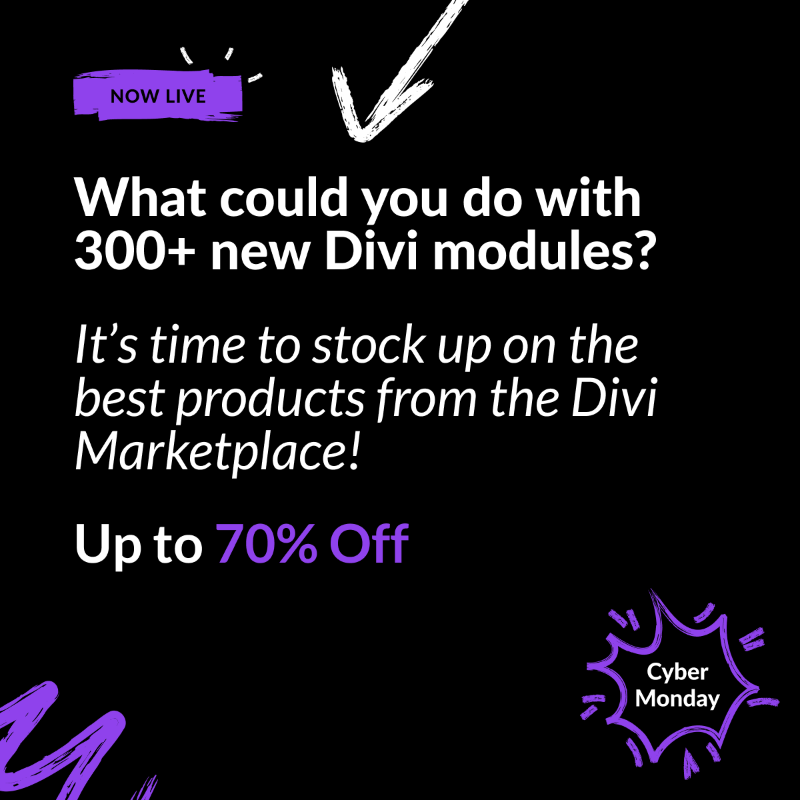 elegantthemes's tweet photo. The insane Divi Cyber Monday sale starts now! 🤯 Now's the time to expand your Divi toolkit.

Get up to 70% off products in the Divi Marketplace PLUS ✅ Free Cyber Monday Website Packs ✅ Exclusive Cyber Monday Perks.