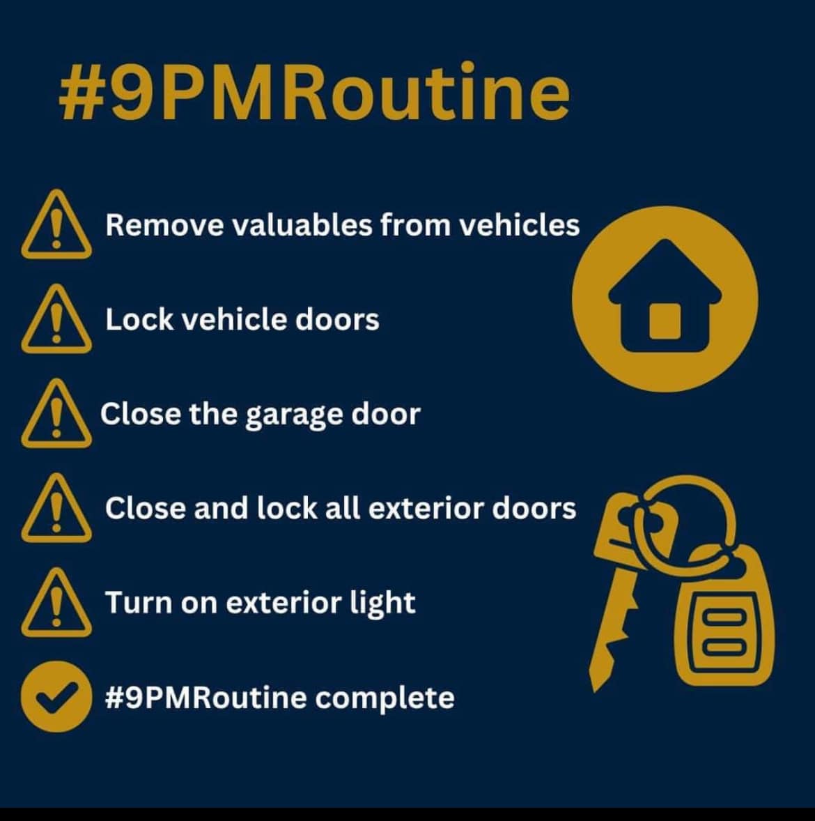 Here’s a friendly reminder to take a few minutes each night for the #9PMRoutine! Since it’s getting dark earlier now, we won’t hold it against you if you conduct the 9PMRoutine earlier, in fact, we encourage it!
#CommunitySafety #CrimePrevention #StaySafe #9PMRoutine #TFPD