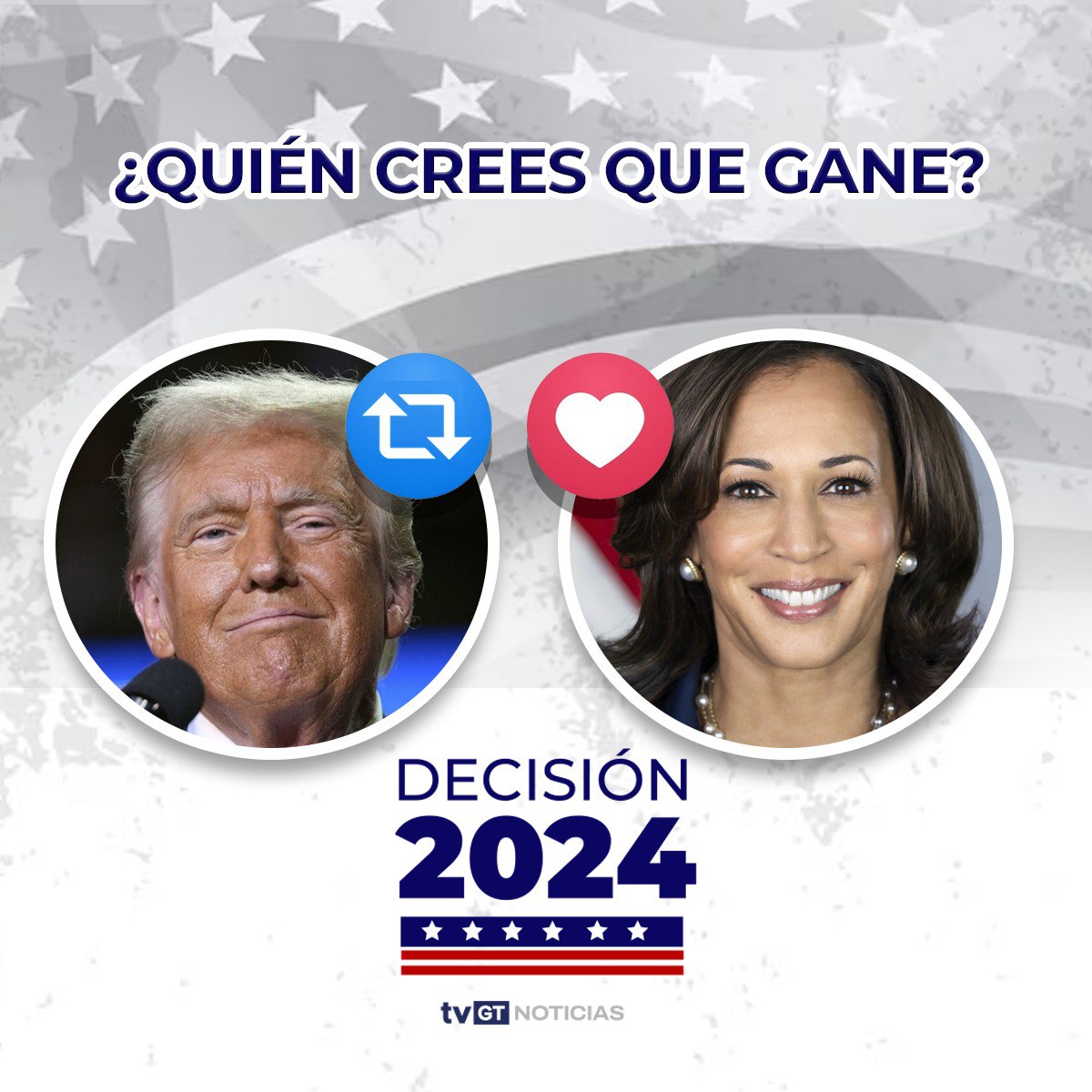 ¿Quién será el próximo presidente de #EstadosUnidos ?

Retweet - #DonaldTrump  🔁
Like - #KamalaHarris  ❤️

#ElectionDay #EleccionesEstadosUnidos