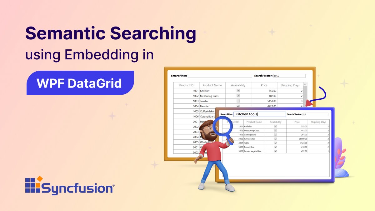 Syncfusion's tweet photo. 🚀 Take your #WPF #DataGrid to new heights with advanced #SemanticSearch!
🔍 Unlock precise, contextual searches that deliver smarter, more meaningful results—elevating your app’s usability and #UserExperience!
https://t.co/HVgIvNCai4 https://t.co/HNvXu4gQDW