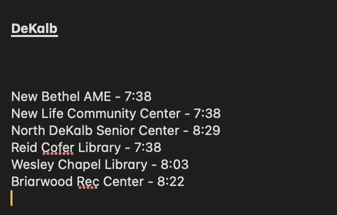 DEKALB EXTENSIONS ARE IN.  YOU CAN VOTE AS LONG AS YOU ARE IN LINE BY THESE TIMES:

please share

#dekalb #gapol
