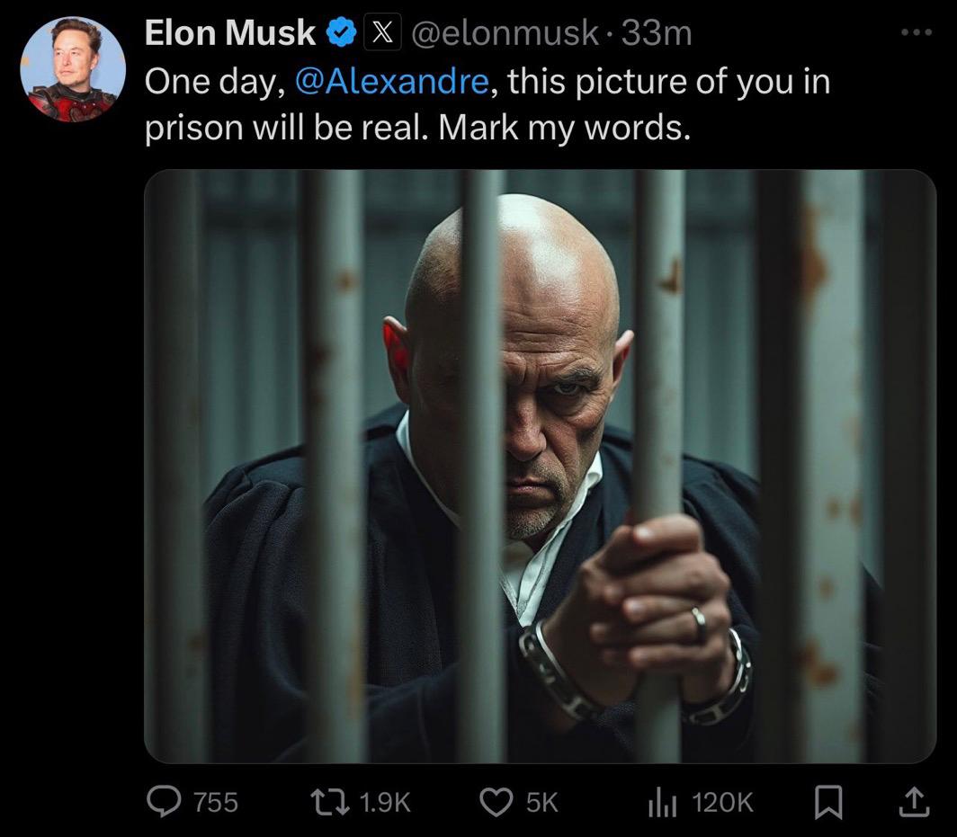 dogedecoder's tweet photo. @nikolas_dm Elon Musk: “Um dia, Alexandre, aquela foto sua na prisão vai ser real" https://t.co/EdaH4YaoAf
