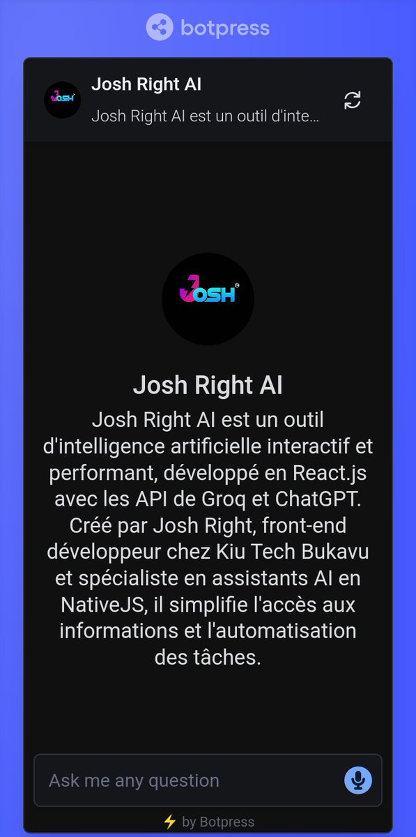 JoshRight01's tweet image. whatsapp.com/channel/0029Va…

À vous de Jouer et de tester aussi,
cdn.botpress.cloud/webchat/v2.2/s… .

@joshright, @GeminiApp, @grok, @ChatGPTapp, @ChatGPTGoneWild, @private_llm, @kiutechnology, @reactjs @reactnative 

#bukavu #webdevelopper #AI